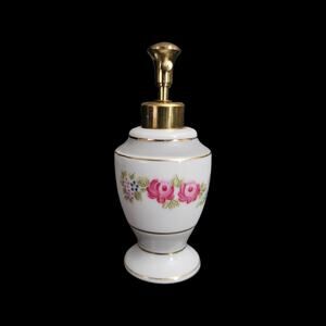 Vintage IW Rice & Co Japan Porcelain Perfume Atomizer Floral Gold Tone 3.5"